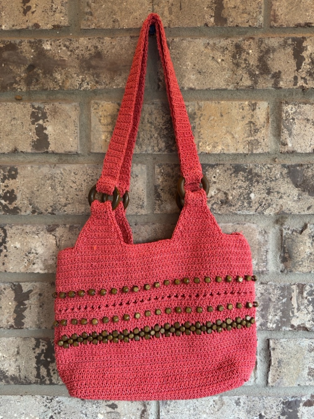 Stylish Boho Coral Crochet Shoulder Bag with Wood Rings and Beaded Trim